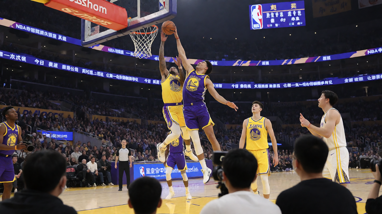 NBA常规赛湖人对阵勇士的精彩对决，球员在空中完成扣篮瞬间